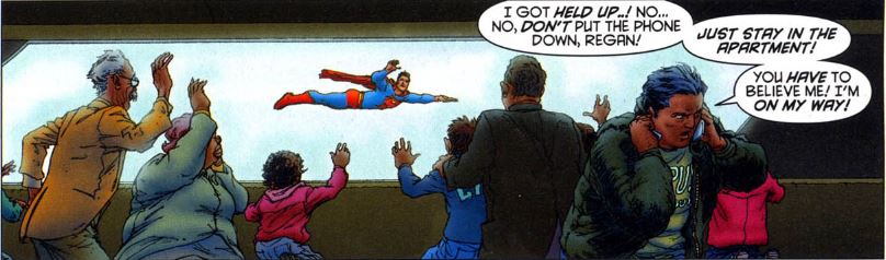 Superman flies by in the background as passengers of a runaway train wave to him. In the foreground a person is calling somebody urging them to stay on the line and not hang up, telling them he is on his way.